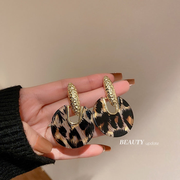 Acrylic Leopard Print Geometric Hoop Earrings With Silver Needle Posts, European American Statement Style