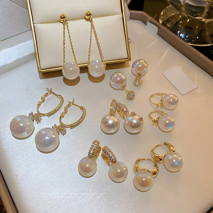 Gold Plated Faux Pearl Geometric Long Drop Earrings Korean Light Luxury Ear Cuff Style