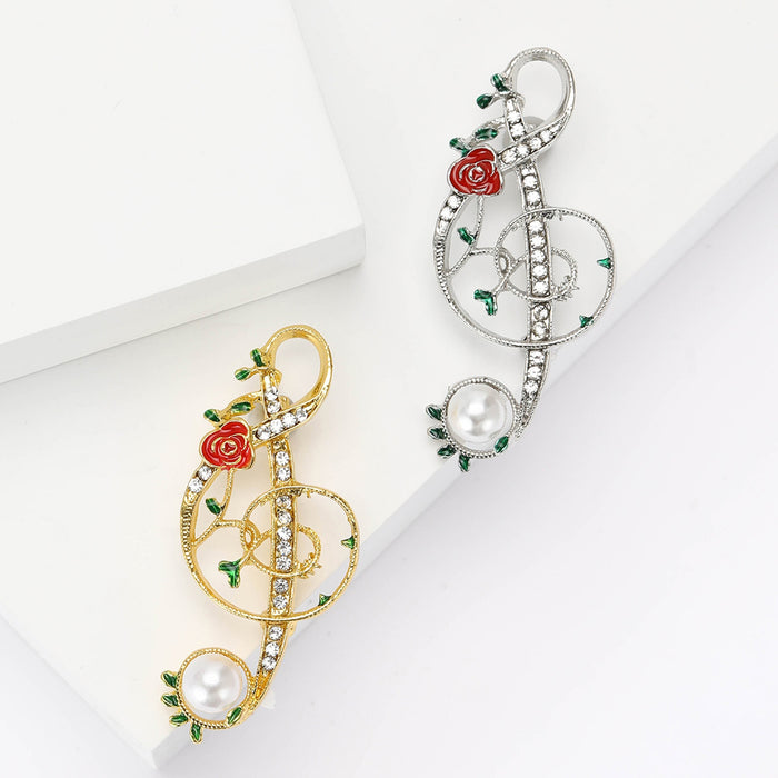 Alloy Rhinestone Pearl Music Note Brooch Pin For Coats