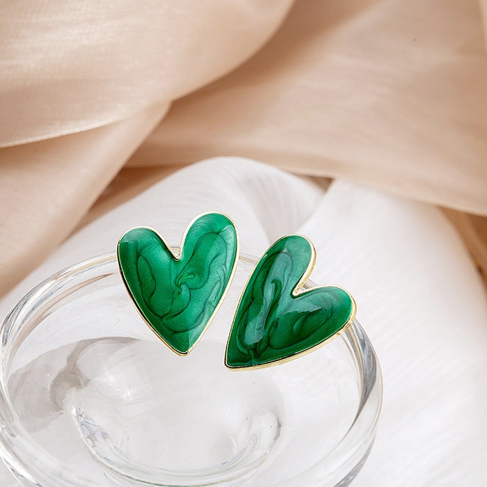 Elegant Irregular Green Enamel Heart Stud Earrings For Women With Gold Tone Alloy Fashion Earrings