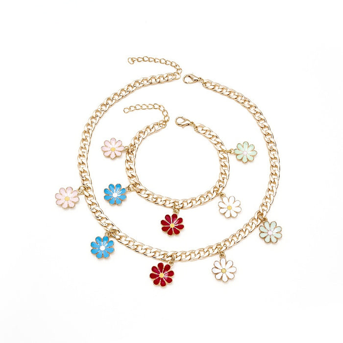 Bohemian Candy Color Enamel Flower Necklace And Bracelet Set, Fashion Colorful Floral Jewelry