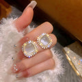 Gold Plated Cat Eye Stone Geometric Square Stud Earrings, Korean Light Luxury OL Style view 1