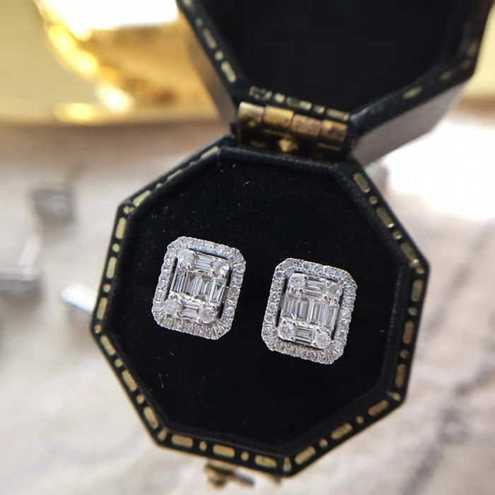 Classic Square Full Zirconia Platinum Plated Stud Earrings For Women, Luxury Versatile Socialite Style