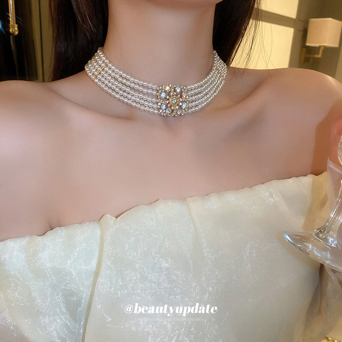 Rhinestone Flower Pearl Multi Layer Necklace For Women, Fashion OL Statement Choker