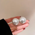 Korean French Style Large Faux Pearl Geometric Round Stud Earrings With Silver Pins For Women view 3