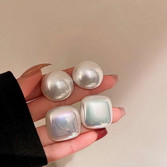 Korean French Style Large Faux Pearl Geometric Round Stud Earrings With Silver Pins For Women