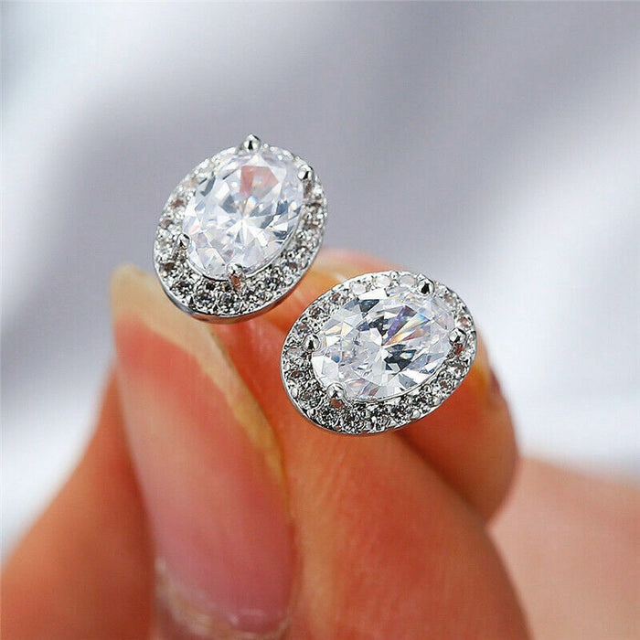 Minimalist Oval Zircon Stud Earrings For Women, Pigeon Egg Shape Diamond Look Fashion Jewelry