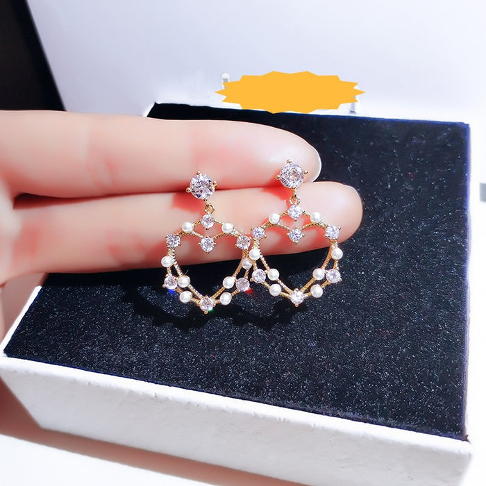 Trendy Heart Drop Earrings For Women With Crystal Pave And Faux Pearl, Sweet Cool Style