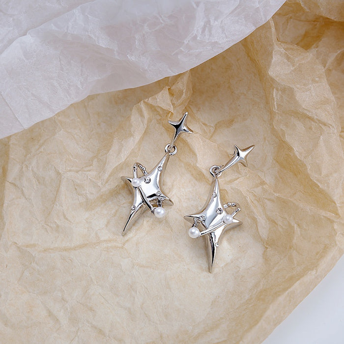 Elegant Starburst Pearl Rhinestone Micro Pave Silver Tone Alloy 925 Silver Needle Dangle Stud Earrings