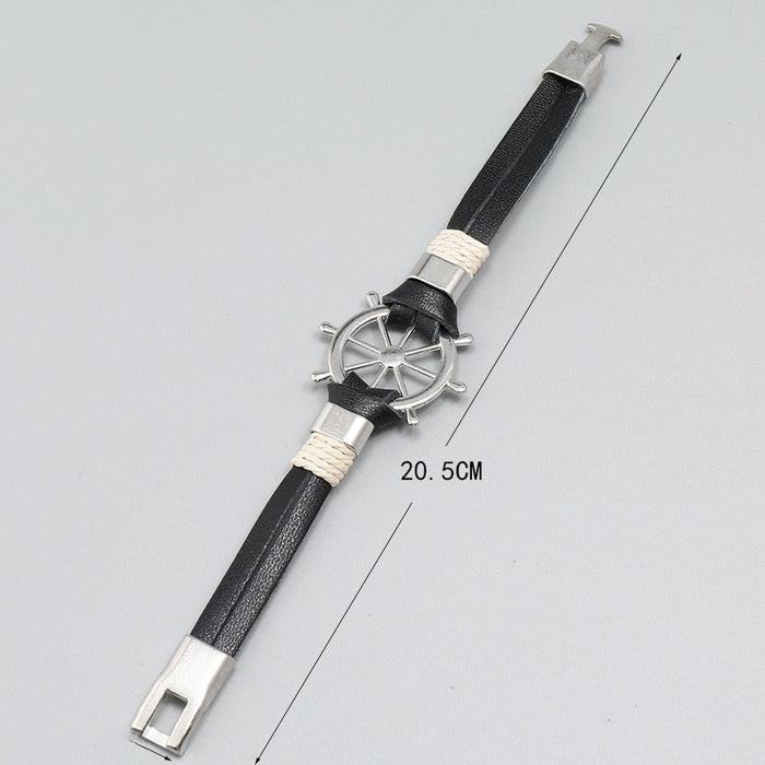 Simple Handmade Braided Black Cowhide Leather Bracelet With Nautical Helm Charm For Men