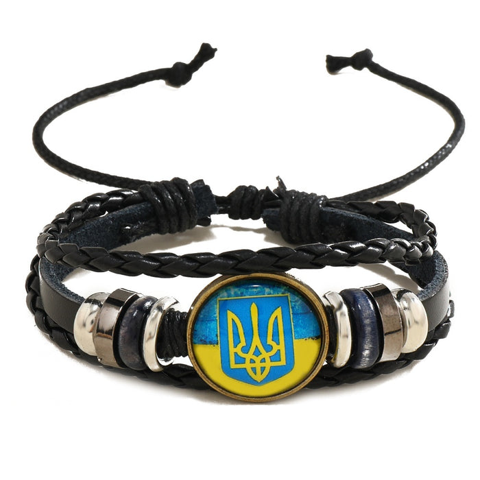Minimal Gemstone Ukraine Flag Pattern Leather Bracelet Handmade Beaded Braided Wrist Jewelry