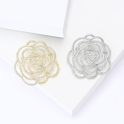 Copper Zircon Camellia Flower Brooch For Women's Suit Decoration