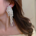 Faux Pearl Flower Tassel Drop Earrings With Silver Pins Baroque Fashion OL Statement Style view 2