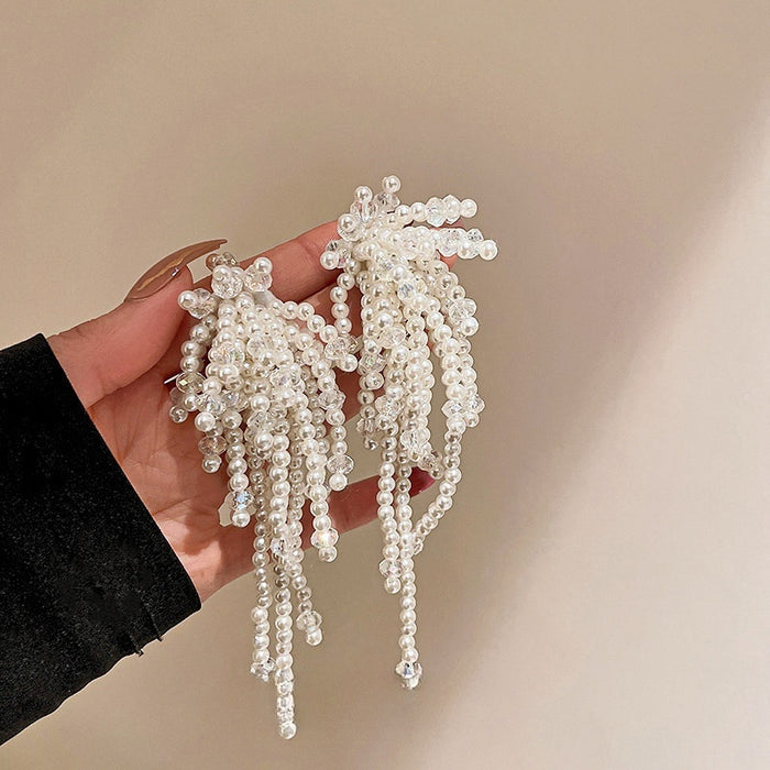 Faux Pearl Flower Tassel Drop Earrings With Silver Pins Baroque Fashion OL Statement Style