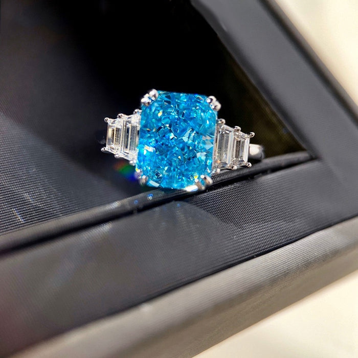 Light Luxury Womens Ring With 10x12 Square Aquamarine Zircon Fashion Finger Jewelry
