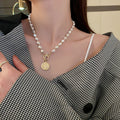 Korean Style Pearl Necklace With Portrait Coin Pendant And T Toggle Clasp view 1