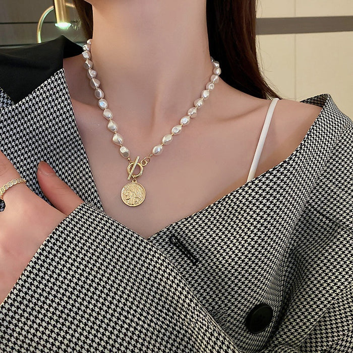 Korean Style Pearl Necklace With Portrait Coin Pendant And T Toggle Clasp
