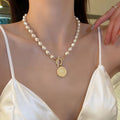 Korean Style Pearl Necklace With Portrait Coin Pendant And T Toggle Clasp view 3