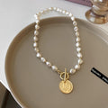 Korean Style Pearl Necklace With Portrait Coin Pendant And T Toggle Clasp view 2