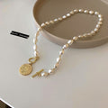 Korean Style Pearl Necklace With Portrait Coin Pendant And T Toggle Clasp view 4