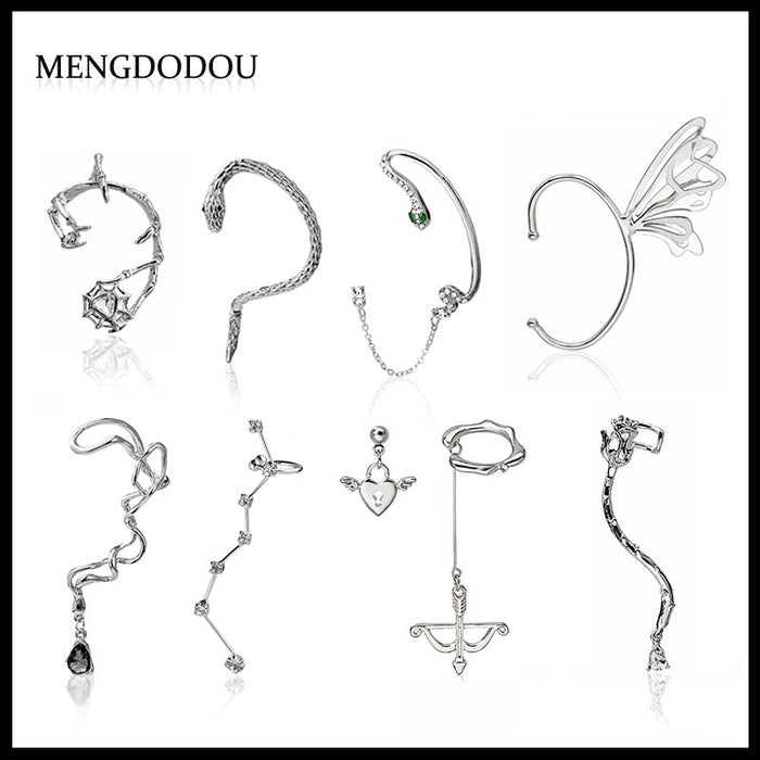European American One Piece Ear Cuff Earrings Asymmetric Rhinestone Butterfly Snake Ear Wrap Studs