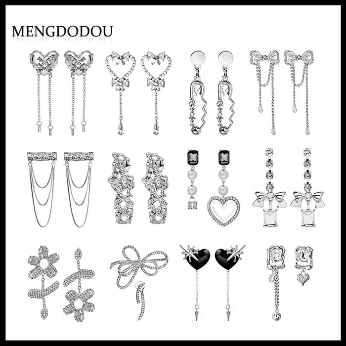 Luxury Alloy Rhinestone Heart Chain Tassel Irregular Dark Teardrop Stud Drop Fashion Earrings