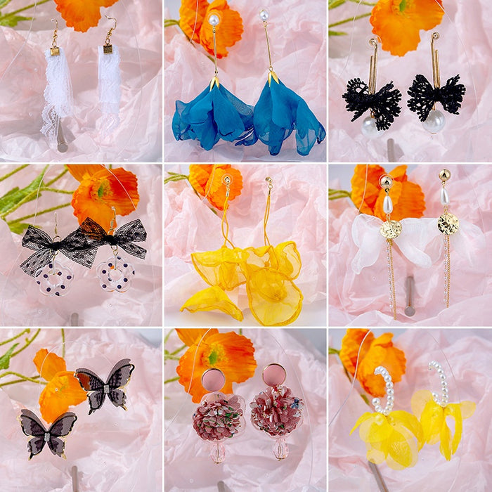 Fairy Fabric Flower Tassel Earrings With Rhinestone Bow Lace Long Pearl Stud Earrings
