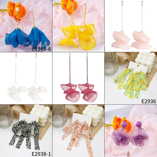 Fairy Fabric Flower Tassel Earrings With Rhinestone Bow Lace Long Pearl Stud Earrings