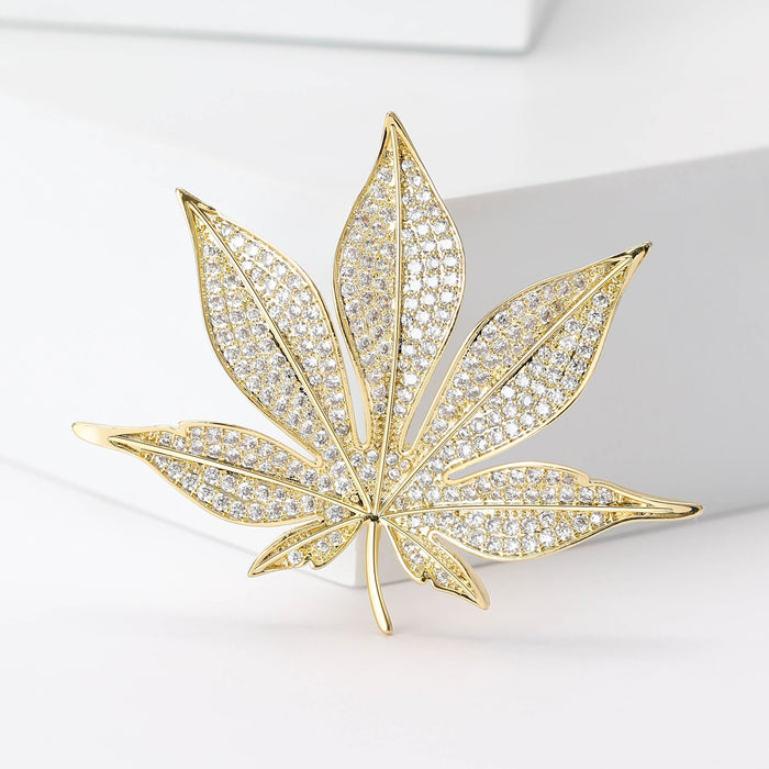 Copper Zircon Maple Leaf Brooch Pin For Suit Decoration