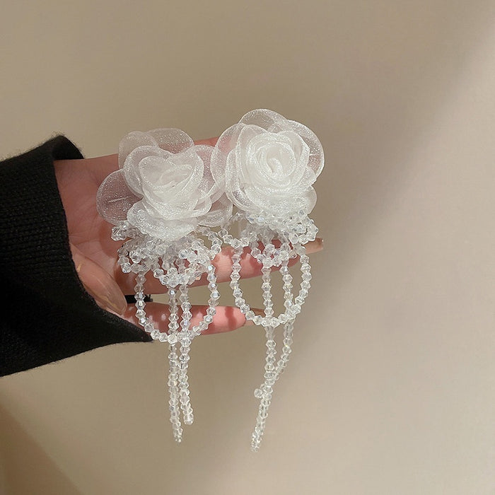 French Organza Flower Glass Bead Tassel Drop Earrings, Alloy Rococo Style Fashion Jewelry