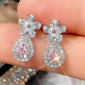 Sweet Pink Teardrop Heart Stud Earrings, Heavy Design Floral Drop Earrings For Women view 3