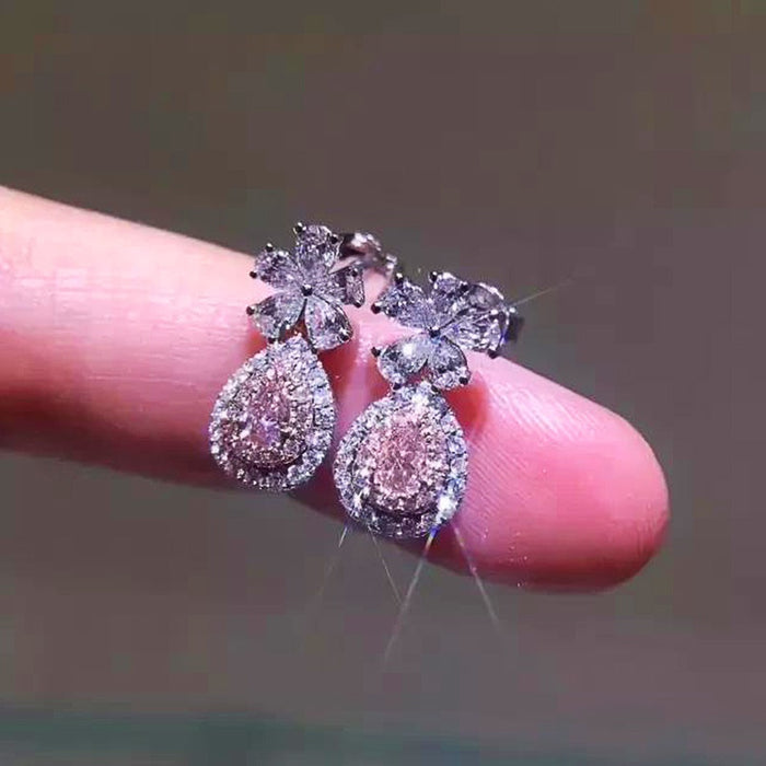 Sweet Pink Teardrop Heart Stud Earrings, Heavy Design Floral Drop Earrings For Women