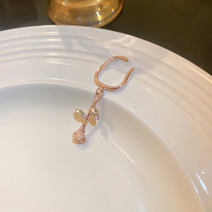Elegant Rose Gold Alloy Ear Cuff Clip With Crystal Leaf Rose Tassel, French Vintage No Piercing Earrings