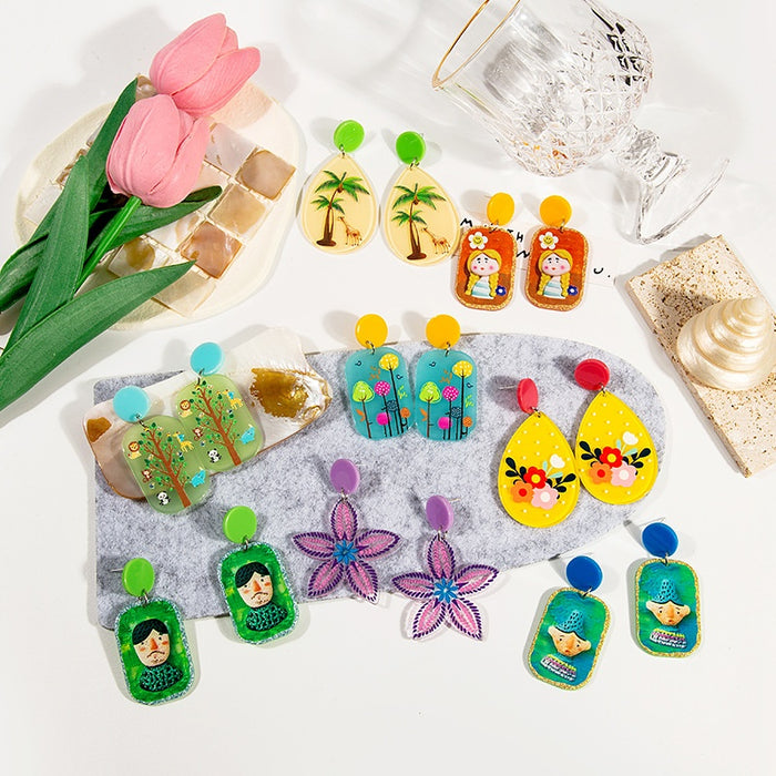 Sweet Colorful Cartoon Doll Geometric Acrylic Relief Rainbow Flower Star Vacation Stud Earrings