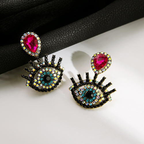 Vintage Luxury Hollow Blue Evil Eye Rhinestone Crystal Alloy Statement Stud Drop Womens Fashion Earrings