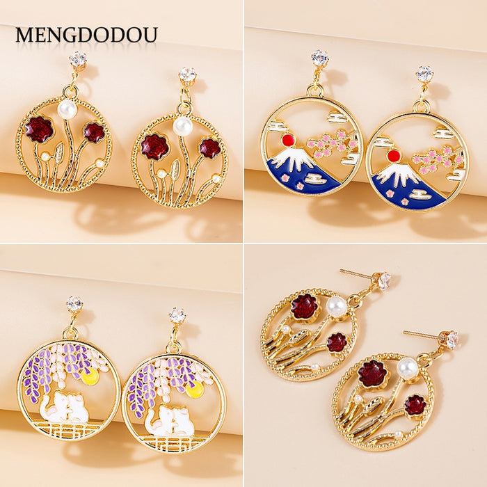 Elegant Enamel Pearl Flower Cat Fuji Mountain Hollow Alloy Rhinestone Drop Stud Earrings