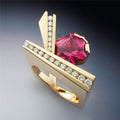 Unique Geometric Men's Ring In Gold Plated Copper With Micro Paved Red Zircon Stone view 3