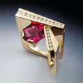 Unique Geometric Men's Ring In Gold Plated Copper With Micro Paved Red Zircon Stone view 1