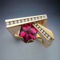 Unique Geometric Men's Ring In Gold Plated Copper With Micro Paved Red Zircon Stone view 4