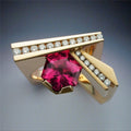 Unique Geometric Men's Ring In Gold Plated Copper With Micro Paved Red Zircon Stone view 5