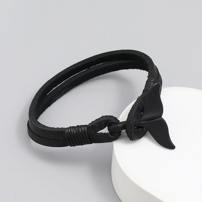Black Fishtail Cowhide Leather Bracelet Simple Fashion Braided Wristband For Men