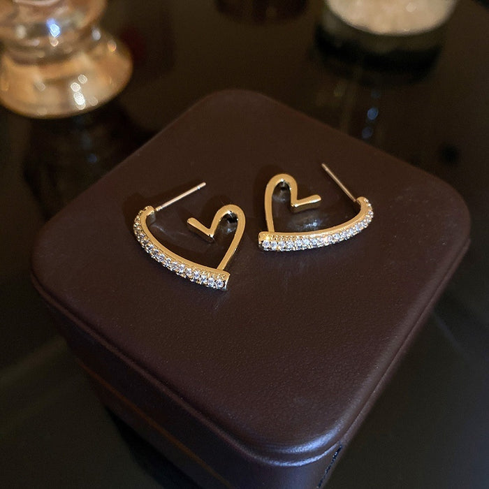 Gold Plated Copper Heart Line Stud Earrings With Silver Pins And Micro Pave Zircon Korean Minimalist Style