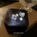 Gold Plated Copper Leaf Zircon Pearl Stud Earrings With Silver Pins Korean Fashion OL Jewelry view 1