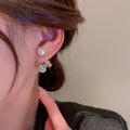 Gold Plated Copper Leaf Zircon Pearl Stud Earrings With Silver Pins Korean Fashion OL Jewelry view 4