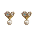 Gold Plated Copper Leaf Zircon Pearl Stud Earrings With Silver Pins Korean Fashion OL Jewelry view 5