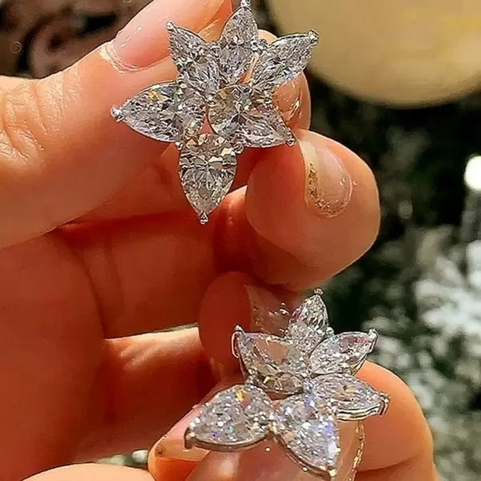 Sweet Crystal Zircon Flower Stud Earrings For Women Elegant Fashion Ear Jewelry Accessories