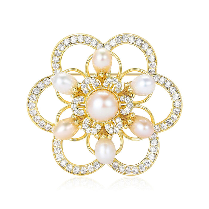 Alloy Pearl Hollow Double Camellia Brooch Pin for Coats