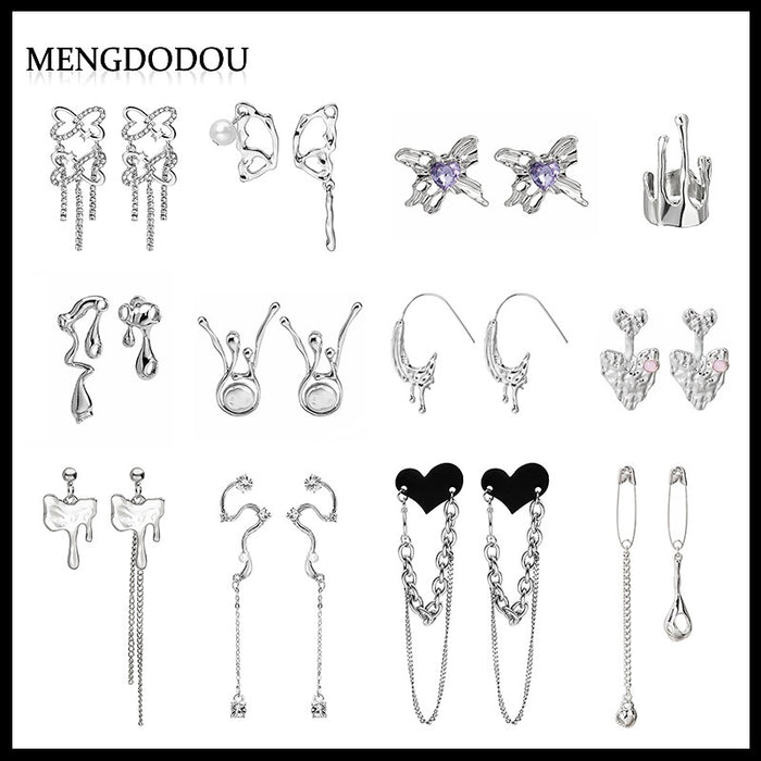 Elegant Alloy Liquid Metal Lava Drip Butterfly Bow Flame Note Rhinestone Pearl Stud Drop Earrings