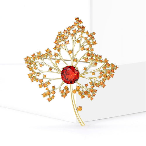 Copper Zircon Maple Leaf Brooch Pin For Coats And Shawls