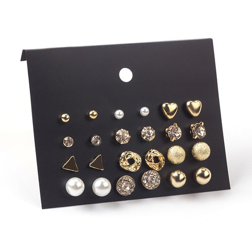 Elegant Korean Style 12 Pair Alloy Geometric Heart Pearl Zircon Rhinestone Carded Stud Earrings